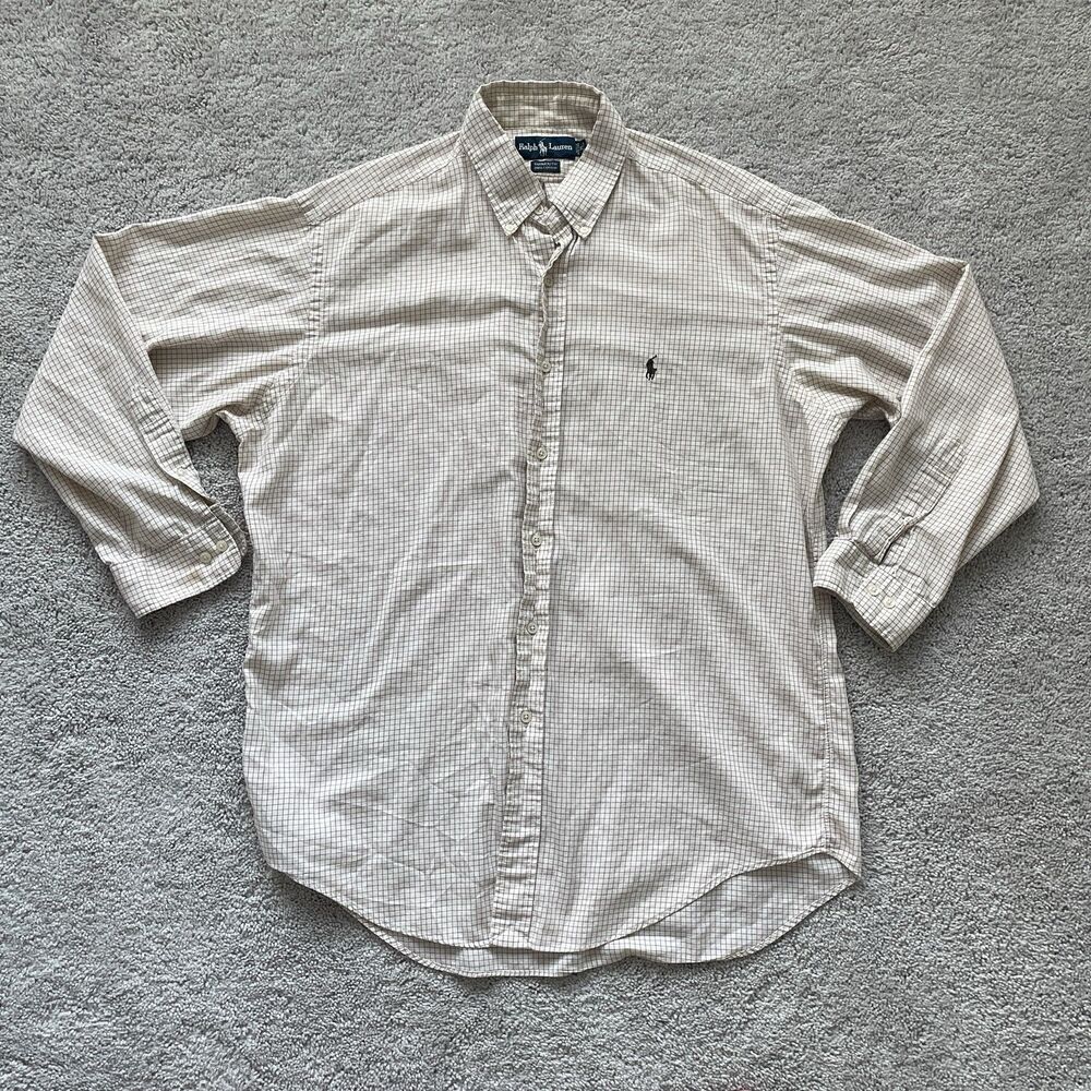 Vintage Polo Ralph Lauren Yarmouth Shirt Mens 16 32/33 Check Button Down Beige